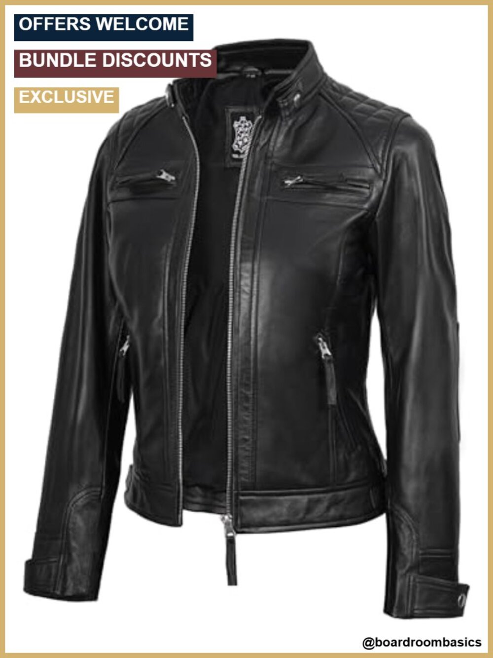 Women's Real Lambskin Leather Cafe Racer Moto Biker Jacket Quilted Zip Up